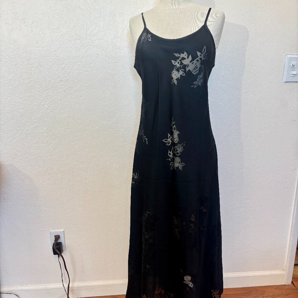 Vintage Halston black slip dress chemise Full length SZ M lacy floral cutouts